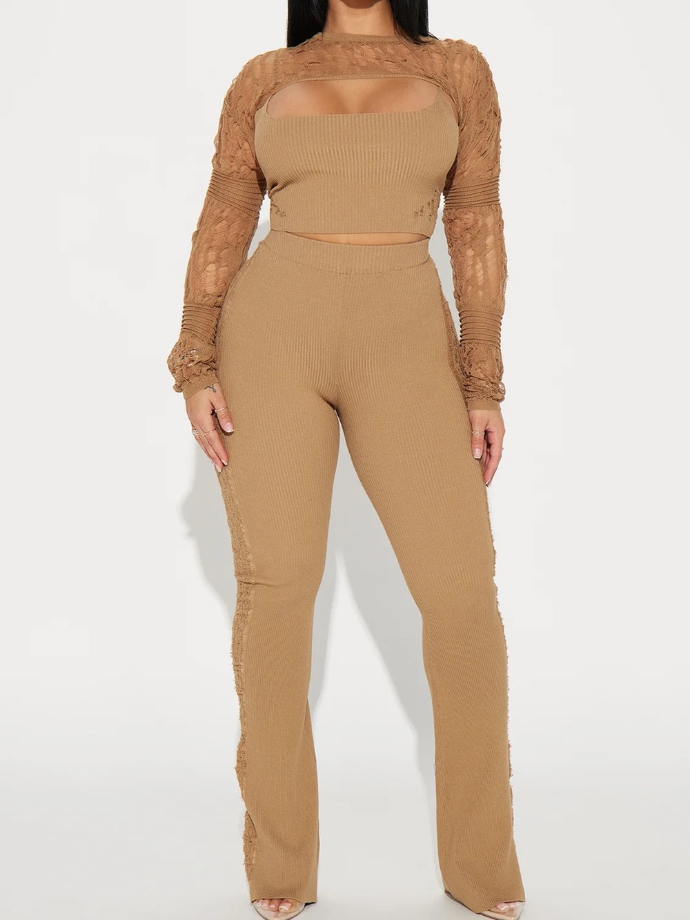 Fashion Nova Tan Flare Pants Three-Piece Set with Bolero Shrug